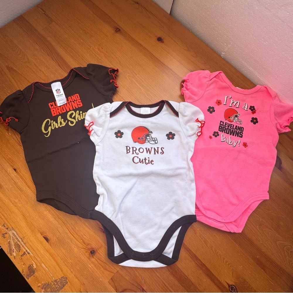 Cleveland Browns Kids One Pieces - Brown, White, Pink size 6-12 months bundle - Picture 1 of 7